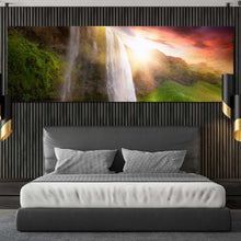 Load image into Gallery viewer, seljalandsfoss  waterfalls  canvas  wall  art  green  iceland  scenery  1  piece  canvas  waterfalls  into  the  yellow  sunset  canvas  print For Bedroom
