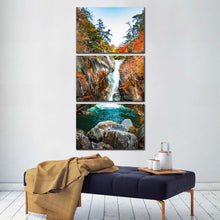 Load image into Gallery viewer, senga  waterfall  canvas  wall  art  japan  colorful  sengataki  fall  3  piece  canvas  print  northern  kofu  arakawa  river  waterfall  canvas  set In Living Room
