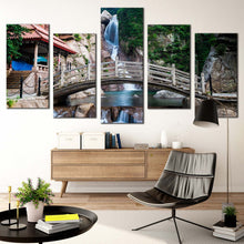 Load image into Gallery viewer, shandong waterfall canvas wall art qingdao scenery brown wooden bridge 5 piece canvas china waterfall green nature multiple canvas In Living Room
