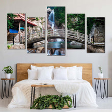 Load image into Gallery viewer, shandong waterfall canvas wall art qingdao scenery brown wooden bridge 5 piece canvas china waterfall green nature multiple canvas For Bedroom
