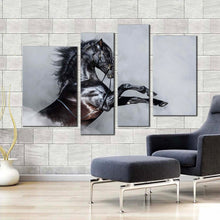 Load image into Gallery viewer, shiny horse canvas print horse white dust canvas set grey horse rearing 4 piece canvas wall art black horse multi canvas
