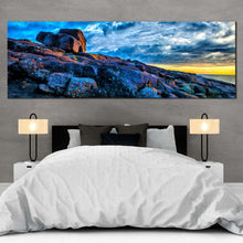 Load image into Gallery viewer, short  point  canvas  print  merimbula  blue  ocean  rocks  1  piece  canvas  wall  art  australia  yellow  sky  ocean  canvas  artwork For Bedroom
