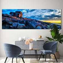 Load image into Gallery viewer, short  point  canvas  print  merimbula  blue  ocean  rocks  1  piece  canvas  wall  art  australia  yellow  sky  ocean  canvas  artwork For Living  Room
