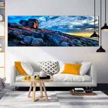 Load image into Gallery viewer, short  point  canvas  print  merimbula  blue  ocean  rocks  1  piece  canvas  wall  art  australia  yellow  sky  ocean  canvas  artwork In Living Room
