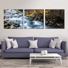 Load image into Gallery viewer, sichuan  waterfall  canvas  wall  art  yellow  pine  forest  autumn  waterfall  3  piece  canvas  print  beautiful  mountain  white  waterfall  forest  canvas  set In Living Room
