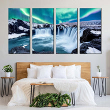 Load image into Gallery viewer, skjalfandafljot river canvas print green northern lights godafoss waterfall 4 piece canvas set blue waterfall in iceland canvas wall art For Bedroom
