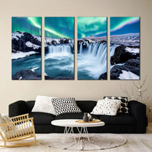 Load image into Gallery viewer, skjalfandafljot river canvas print green northern lights godafoss waterfall 4 piece canvas set blue waterfall in iceland canvas wall art For Living room
