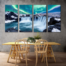 Load image into Gallery viewer, skjalfandafljot river canvas print green northern lights godafoss waterfall 4 piece canvas set blue waterfall in iceland canvas wall art For Dining Room
