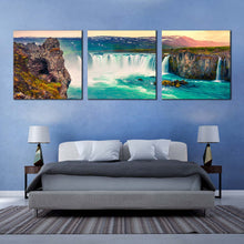 Load image into Gallery viewer, skjalfandafljot  river  canvas  print  yellow  sky  northern  iceland  waterfall  3  piece  canvas  wall  art  europe  sea  green  godafoss  waterfall  canvas  set In Bedroom
