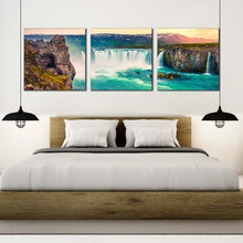 Load image into Gallery viewer, skjalfandafljot  river  canvas  print  yellow  sky  northern  iceland  waterfall  3  piece  canvas  wall  art  europe  sea  green  godafoss  waterfall  canvas  set For Bedroom
