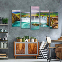 Load image into Gallery viewer, skjalfandafljot river canvas wall art beautiful waterfall iceland canvas set colorful godafoss waterfall nature 5 piece canvas print In Living Room
