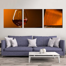 Load image into Gallery viewer, snifter  glass  canvas  print  orange  brandy  drink  glass  3  piece  canvas  wall  art  brown  piano  and  liquor  glass  canvas  print For Living Room
