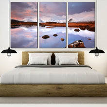 Load image into Gallery viewer, snow covered mountains landscape at lochan na achlaise triptych wall art photography For Bedroom
