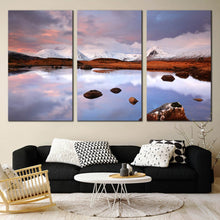 Load image into Gallery viewer, snow covered mountains river sunrise view 3 panel canvas print In Living Room
