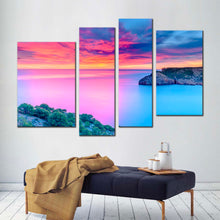 Load image into Gallery viewer, spain ocean canvas wall art blue ocean 4 piece canvas print cloudy orange sky mediterranean sea multiple canvas for living room
