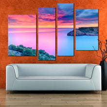 Load image into Gallery viewer, spain ocean canvas wall art blue ocean 4 piece canvas print cloudy orange sky mediterranean sea multiple canvas in living room
