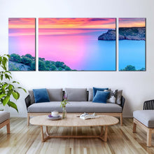 Load image into Gallery viewer, spain seascape canvas wall art blue pink mediterranean sea 3 piece multi canvas cloudy orange ocean sky triptych canvas print In Living Room
