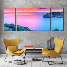 Load image into Gallery viewer, spain seascape canvas wall art blue pink mediterranean sea 3 piece multi canvas cloudy orange ocean sky triptych canvas print For Living Room
