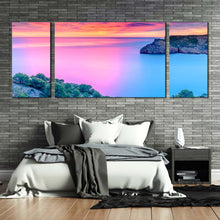 Load image into Gallery viewer, spain seascape canvas wall art blue pink mediterranean sea 3 piece multi canvas cloudy orange ocean sky triptych canvas print For Bedroom
