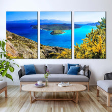 Load image into Gallery viewer, spinalonga island canvas wall art greece blue ocean 3 piece canvas print crete green island seascape triptych canvas set For Living Room
