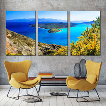 Load image into Gallery viewer, spinalonga island canvas wall art greece blue ocean 3 piece canvas print crete green island seascape triptych canvas set In Living Room
