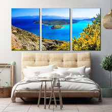 Load image into Gallery viewer, spinalonga island canvas wall art greece blue ocean 3 piece canvas print crete green island seascape triptych canvas set For Bedroom
