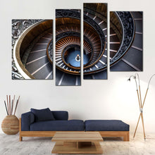 Load image into Gallery viewer, spiral staircase canvas print grey abstract architecture 4 piece canvas wall art brown vatican museum multiple canvas in living room
