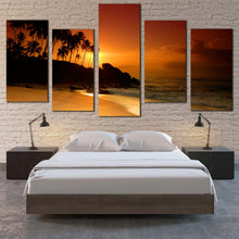 Load image into Gallery viewer, sri lanka sea palm trees on boulders at sunset 5 Piece photography prints for your bedroom
