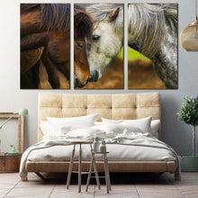 Load image into Gallery viewer, stallion horses canvas print horses kissing 3 piece canvas wall art brown white horses multi canvas In Bedroom
