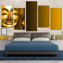 Load image into Gallery viewer, statue face canvas print yellow background buddha close up multi canvas gold buddha mind soul 5 piece canvas wall art For Bedroom
