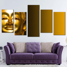 Load image into Gallery viewer, statue face canvas print yellow background buddha close up multi canvas gold buddha mind soul 5 piece canvas wall art In Living Room
