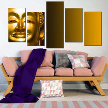 Load image into Gallery viewer, statue face canvas print yellow background buddha close up multi canvas gold buddha mind soul 5 piece canvas wall art For Living room
