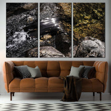 Load image into Gallery viewer, stone river canvas wall art abstract river stones close up multi canvas artwork brown grey modern abstract 3 piece canvas print In Living Room
