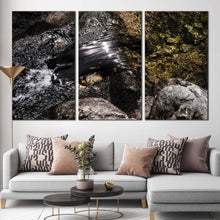 Load image into Gallery viewer, stone river canvas wall art abstract river stones close up multi canvas artwork brown grey modern abstract 3 piece canvas print For Living Room
