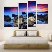 Load image into Gallery viewer, stony beach canvas print red sky ocean 4 piece canvas wall art blue sea ocean rocks canvas set 
