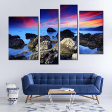 Load image into Gallery viewer, stony beach canvas print red sky ocean 4 piece canvas wall art blue sea ocean rocks canvas set 
