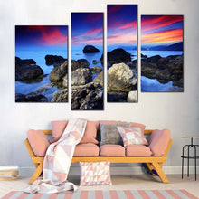 Load image into Gallery viewer, stony beach canvas print red sky ocean 4 piece canvas wall art blue sea ocean rocks canvas set
