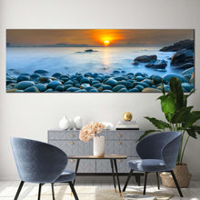 Load image into Gallery viewer, stony  beach  canvas  wall  art  quy  nhon  bay  blue  ocean  canvas  artwork  vietnam  orange  sunrise  ocean  sky  panoramic  canvas  print For Living Room
