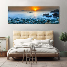 Load image into Gallery viewer, stony  beach  canvas  wall  art  quy  nhon  bay  blue  ocean  canvas  artwork  vietnam  orange  sunrise  ocean  sky  panoramic  canvas  print For Bedroom
