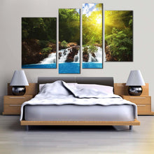 Load image into Gallery viewer, streaming water canvas print green tropical forest waterfall 4 piece canvas wall art blue water forest multiple canvas 
