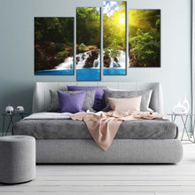 Load image into Gallery viewer, streaming water canvas print green tropical forest waterfall 4 piece canvas wall art blue water forest multiple canvas
