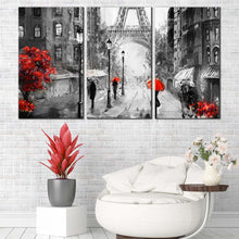 Load image into Gallery viewer, street view of Paris Artwork people red umbrella 3 piece wall art In Living Room
