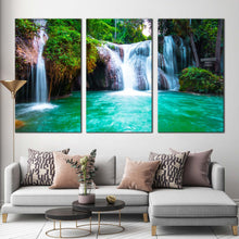 Load image into Gallery viewer, stunning waterfall canvas wall art beautiful green waterfall in nature 3 piece canvas set thailand white than sawan waterfall triptych canvas print For Living Room
