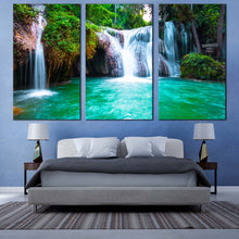 Load image into Gallery viewer, stunning waterfall canvas wall art beautiful green waterfall in nature 3 piece canvas set thailand white than sawan waterfall triptych canvas print For Bedroom
