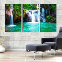 Load image into Gallery viewer, stunning waterfall canvas wall art beautiful green waterfall in nature 3 piece canvas set thailand white than sawan waterfall triptych canvas print In Living Room
