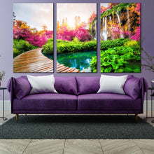 Load image into Gallery viewer, stunning waterfall canvas wall art lakes national park 3 piece canvas colorful waterfall landscape nature canvas print path trail paradise canvas set In Living Room
