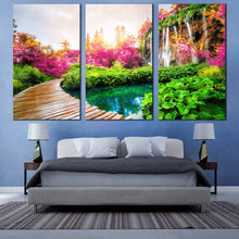 Load image into Gallery viewer, stunning waterfall canvas wall art lakes national park 3 piece canvas colorful waterfall landscape nature canvas print path trail paradise canvas set For Bedroom
