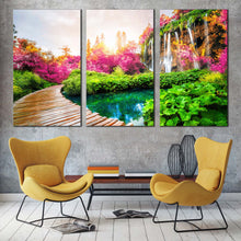 Load image into Gallery viewer, stunning waterfall canvas wall art lakes national park 3 piece canvas colorful waterfall landscape nature canvas print path trail paradise canvas set For Living Room
