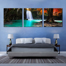 Load image into Gallery viewer, stunning  waterfall  canvas  wall  art  red  green  trees  sun  waterfall  canvas  print  waterfall  scenic  3  piece  multiple  canvas In Bedroom
