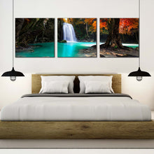 Load image into Gallery viewer, stunning  waterfall  canvas  wall  art  red  green  trees  sun  waterfall  canvas  print  waterfall  scenic  3  piece  multiple  canvas For Your Bedroom
